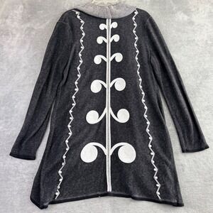 ZOZO L Open Front Ruffle Cardigan Sweater Charcoal Striped Trim Boho Art to Wear